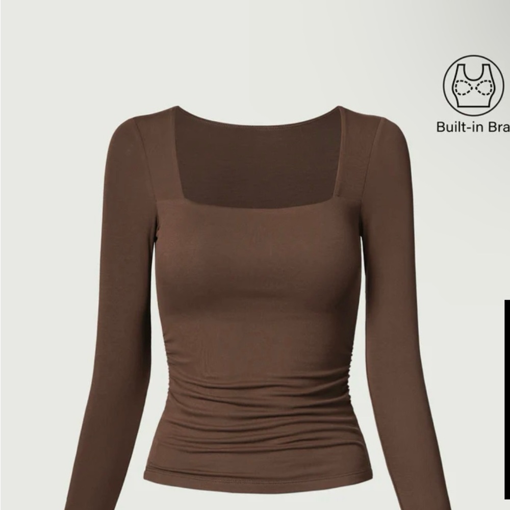 Brown Long Sleeve Square Neck Top